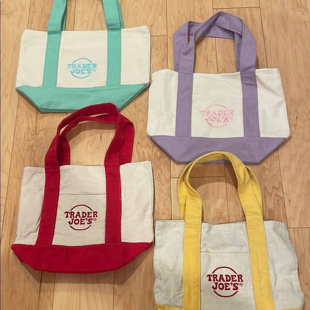Trader Joe’s Canvas Tote Bag Set - Red, Yellow, Purple, Teal
